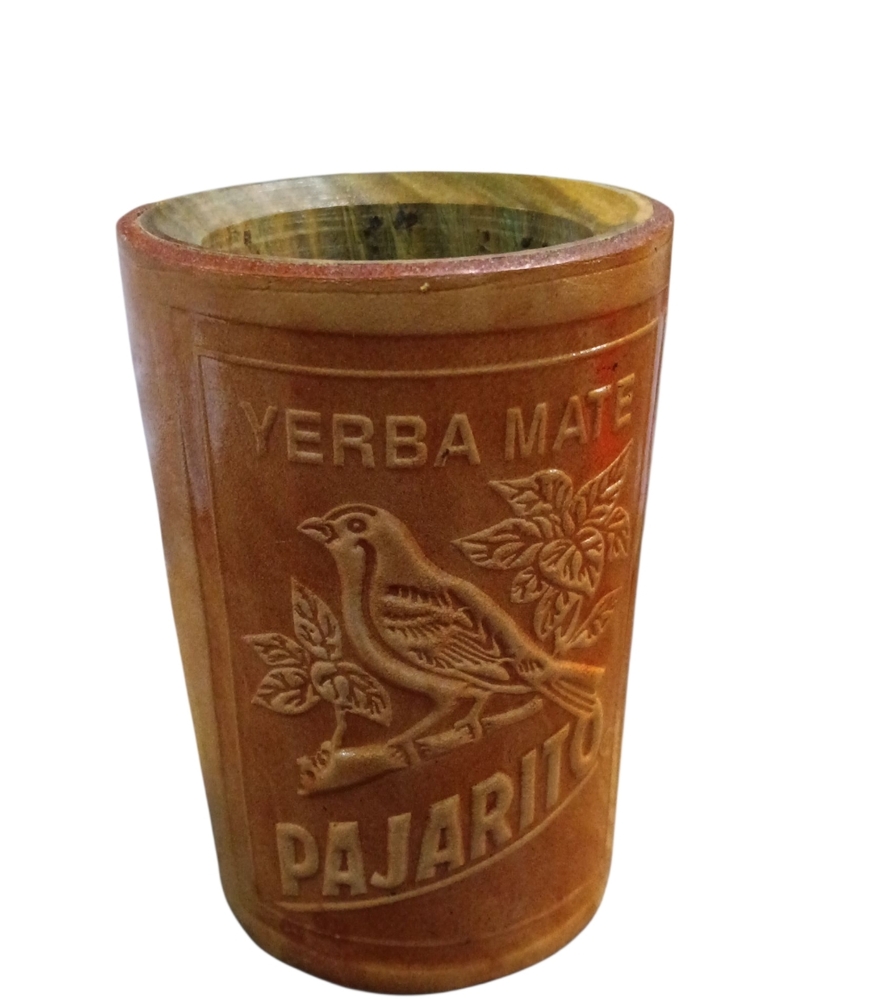 VTG Peruvian Tooled Leather Dice Cup Wood Interior Verba Mate Pajarito 4.5"